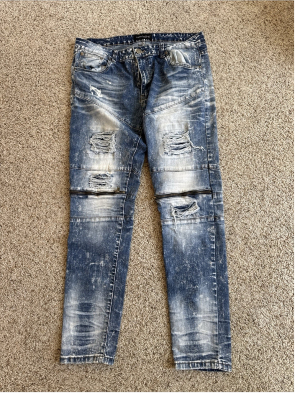 Victorious Mens Jeans Stonewash Distressed Zip Ankle 34x32 Zipper Accents